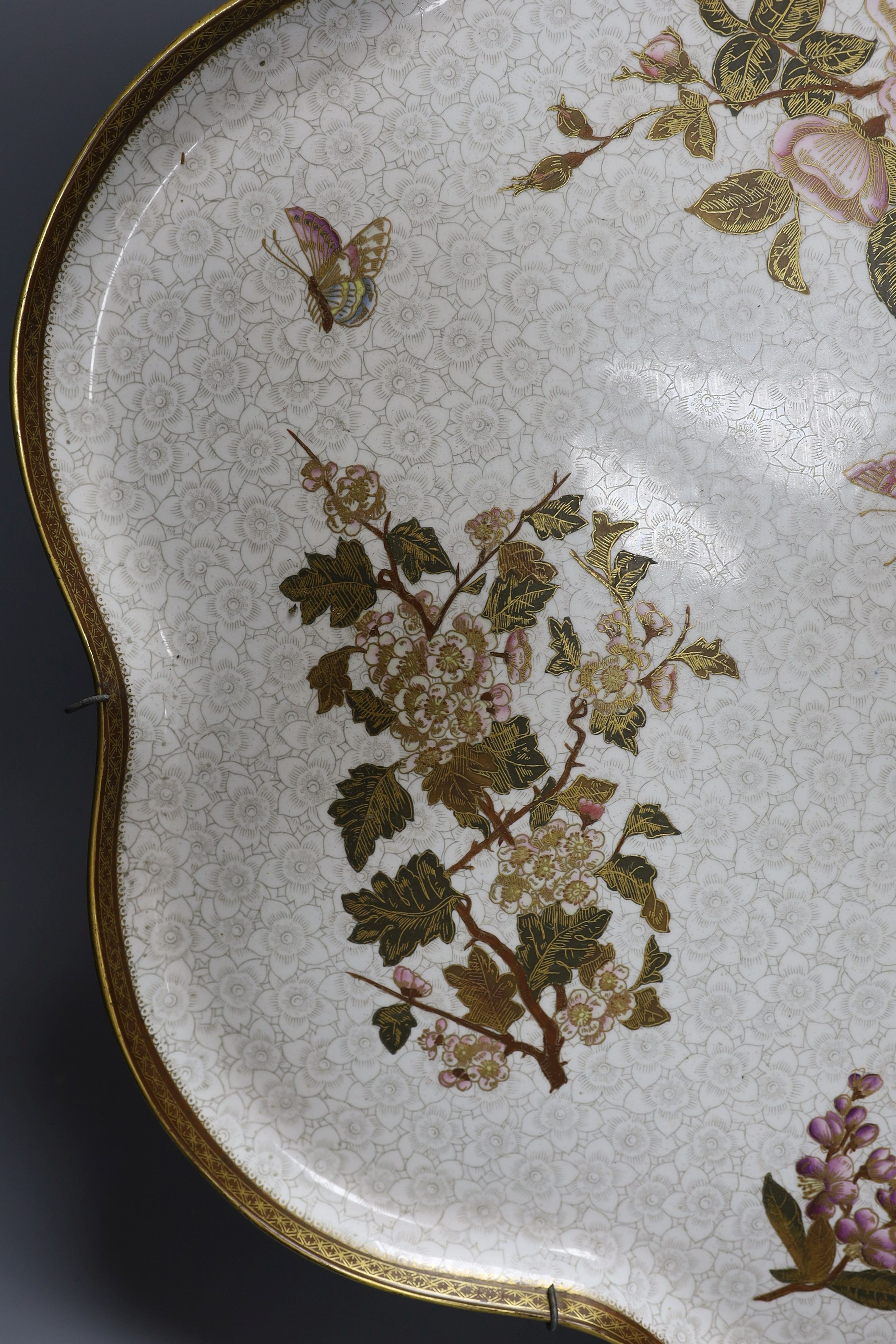A Royal Worcester Aesthetic period shaped tray, decorated with butterflies and flowers. 50cm